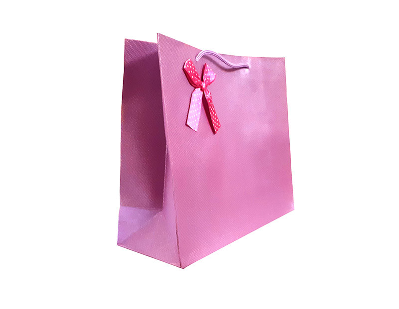 Бумажный подарочный пакет 12х27х30(розовый с бантом)