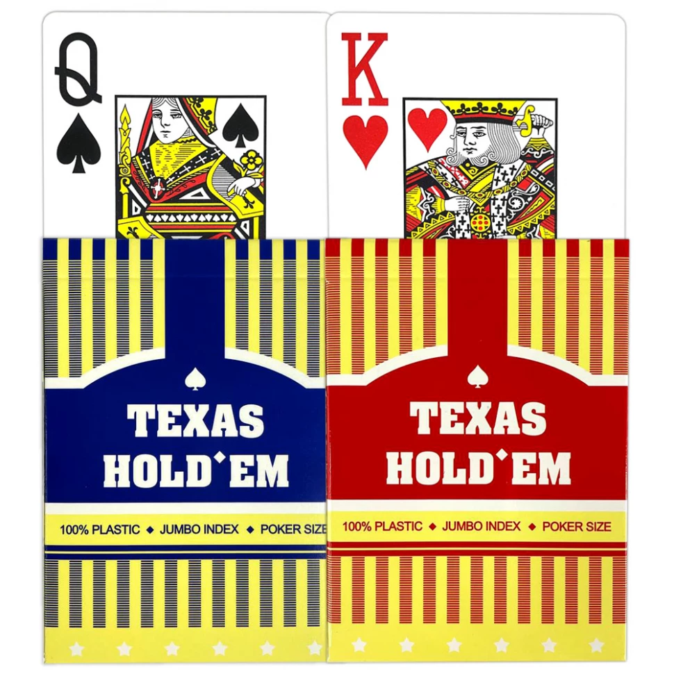 Карты для покера "Texas Holdem", 100% пластик, красные и синие (комплект из 2-х колод)