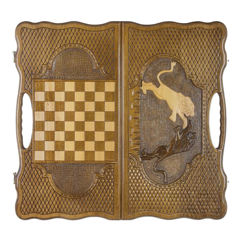 Нарды резные "Битва львов" с ручкой 60, Haleyan